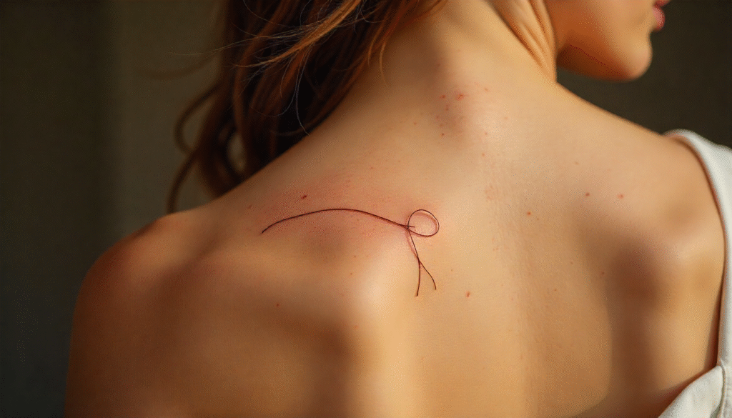 Delicate ribbon fine line tattoo on shoulder symbolizing bonds.