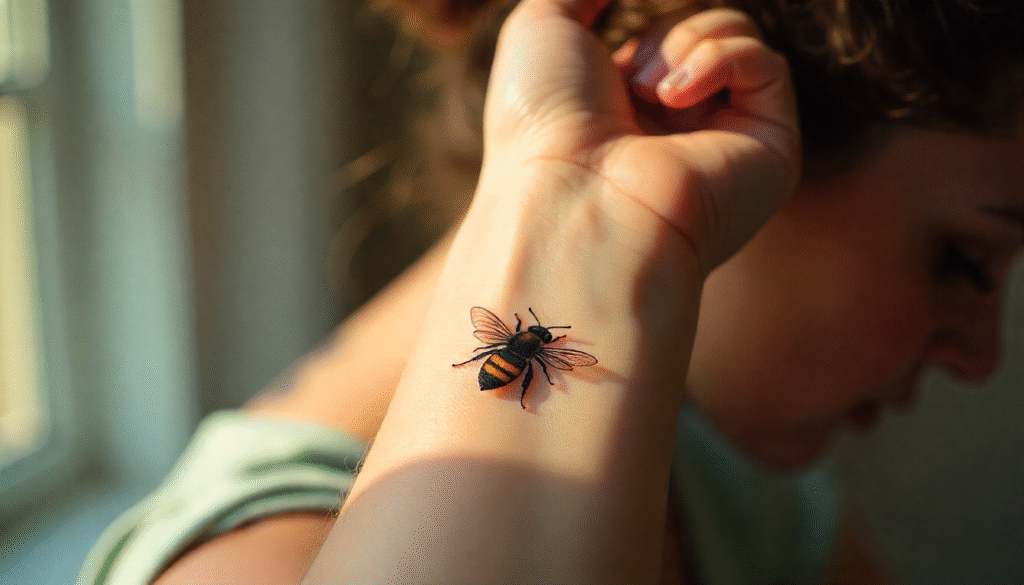 Tiny bee fine line tattoo symbolizing hard work and community.