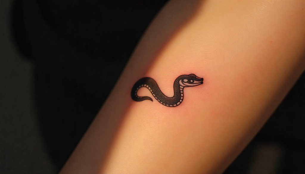 Minimal snake fine line tattoo design symbolizing transformation.