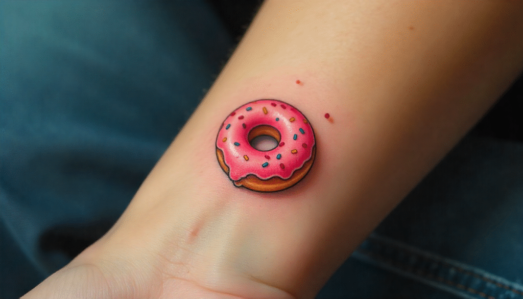 Playful donut fine line tattoo symbolizing joy and sweetness.