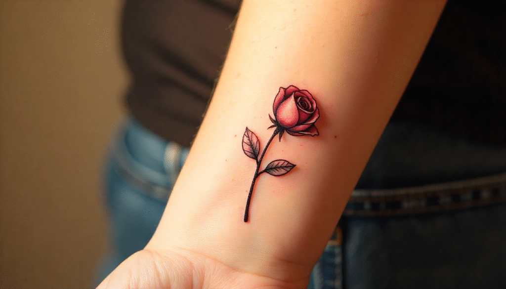 Small Simple Fine Line Rose Tattoo – Elegant aesthetic tattoo design of a fine line rose symbolizing love and remembrance.