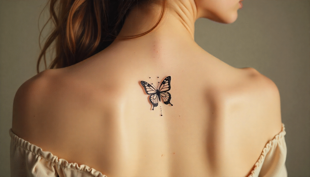 Butterfly and Moon Aesthetic Tattoo – Stylish aesthetic tattoo design with a butterfly resting on a crescent moon.