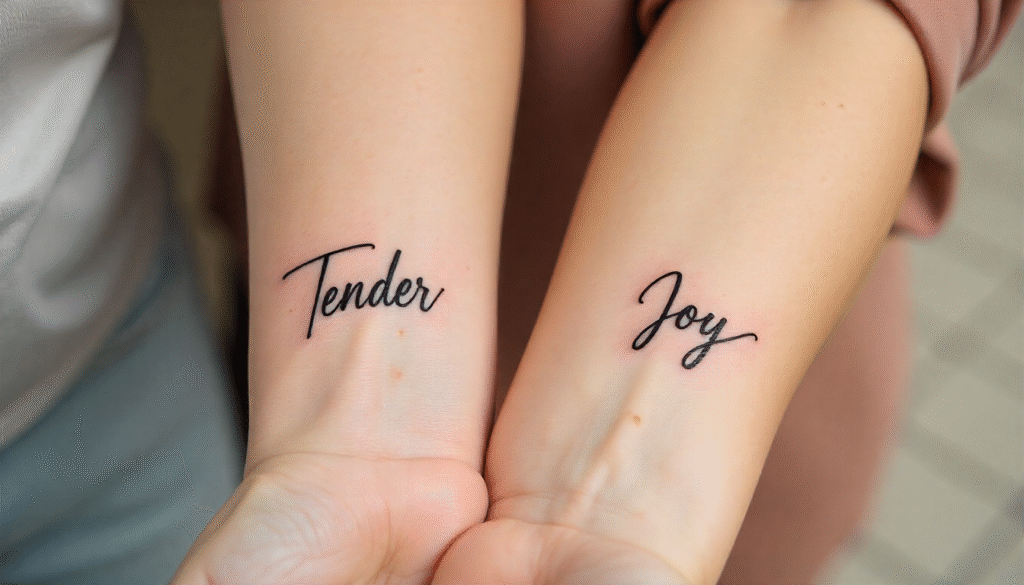 Tender & Joy Word Fine Line Tattoos for Couples