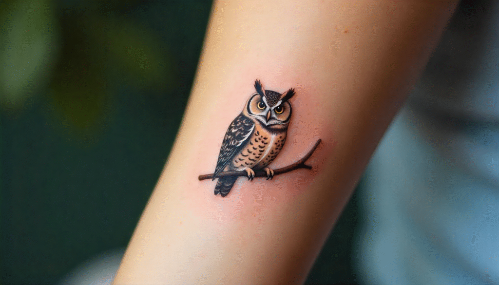 small Miniature Owl Perched on a Branch tattoo idea