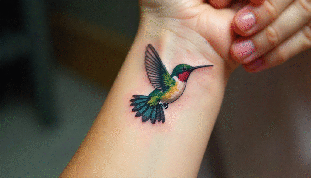 Tiny Hummingbird in Flight realism tattoo