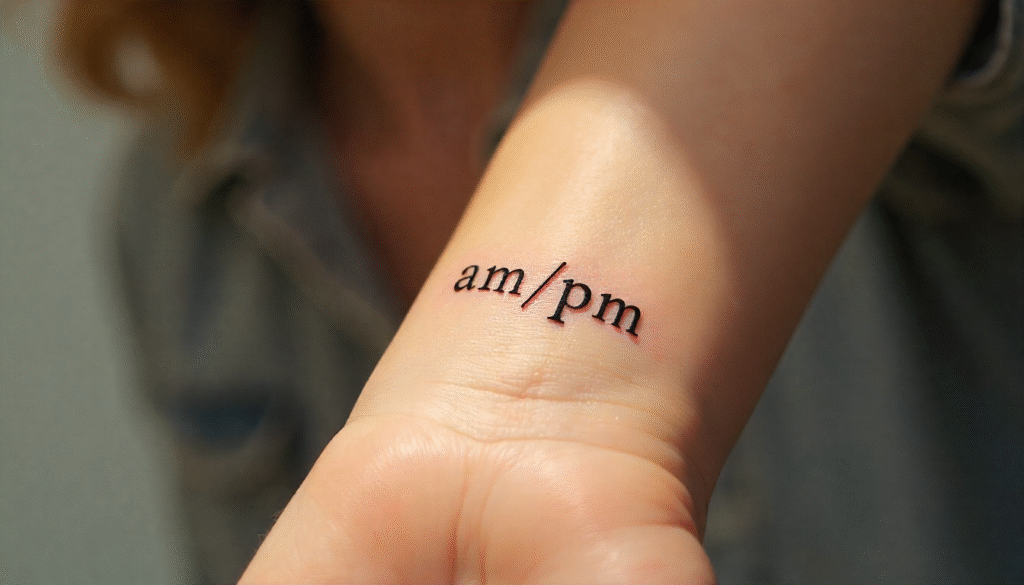 Minimal AM/PM fine line tattoo, symbolizing balance in life.