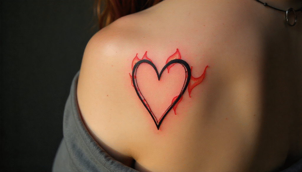 Heart with flames fine line tattoo, symbolizing passion and resilience.