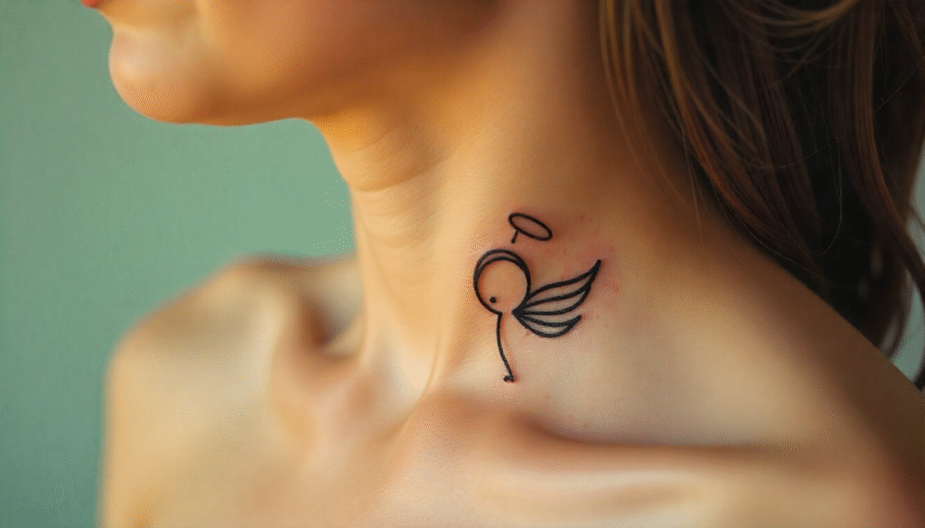 Small angel fine line tattoo design symbolizing innocence and protection.