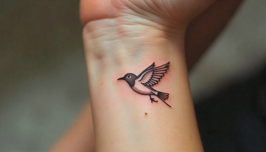 Delicate bird fine line tattoo on wrist, symbolizing freedom and courage.