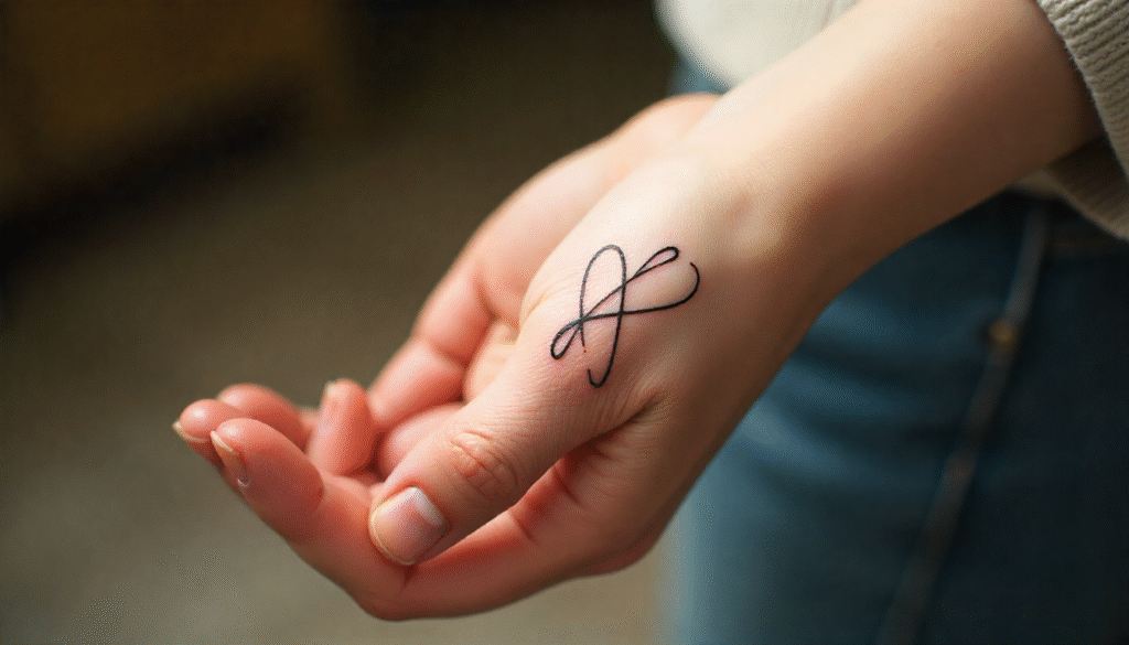 Elegant fingers crossed fine line tattoo, symbolizing hope and luck.