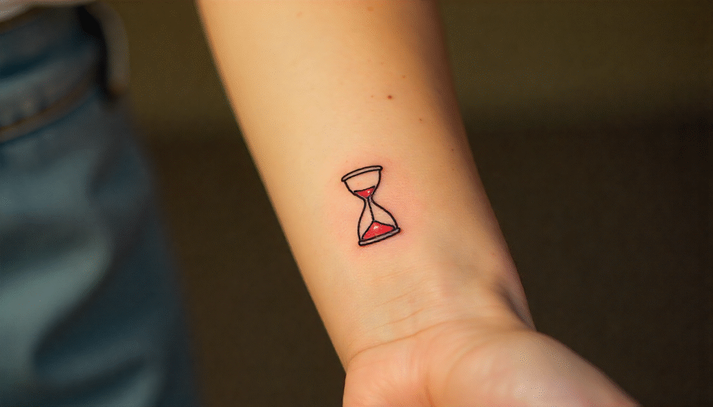 Minimalist hourglass fine line tattoo representing time and patience.