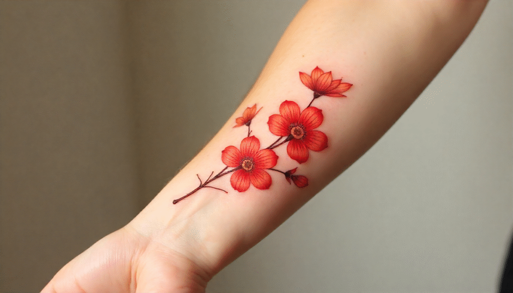 Red Japanese Flowers Aesthetic Tattoo – Bold Japanese flowers aesthetic tattoo design with red ink on forearm.