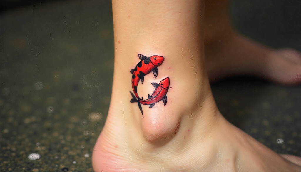 Happy Fishes Tattoo – Playful aesthetic tattoo design of two koi fishes representing balance and joy.