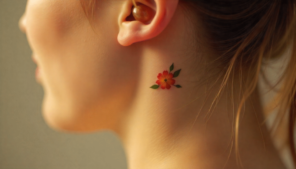 Tiny Flowers Tattoo – Small fine line flower aesthetic tattoo behind ear for a delicate, stylish look.