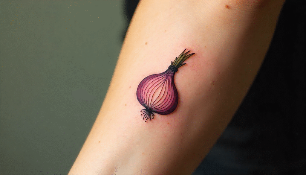 Onion Aesthetic Tattoo – Quirky minimalist onion aesthetic tattoo symbolizing life’s layers.