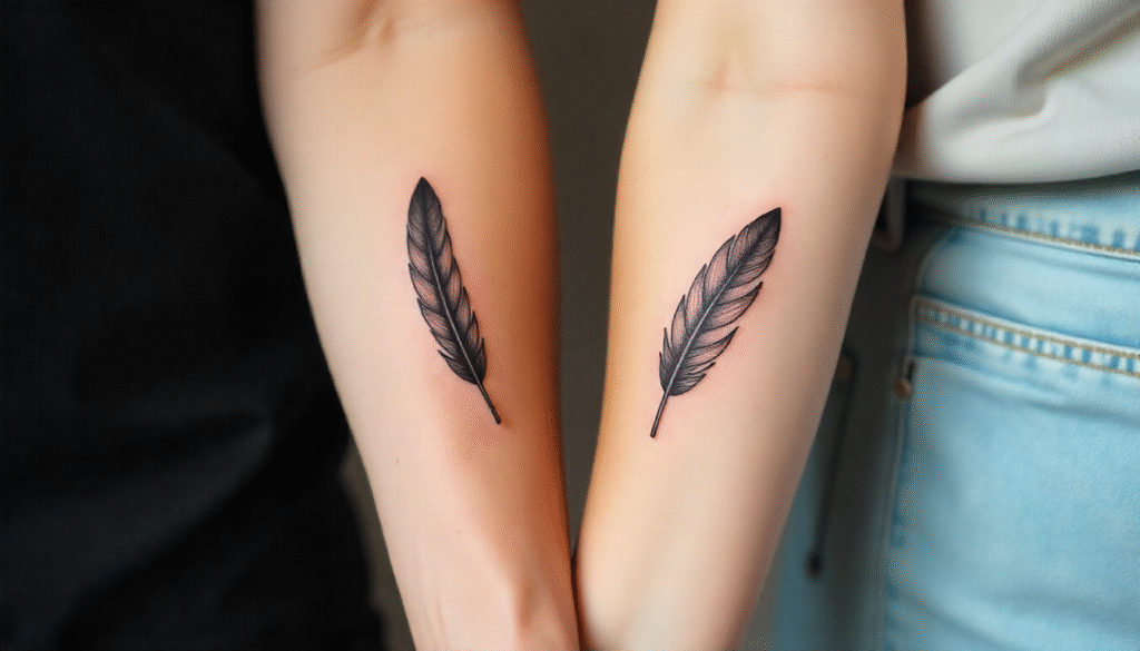 Matching Feather Fine Line Tattoos for Couples