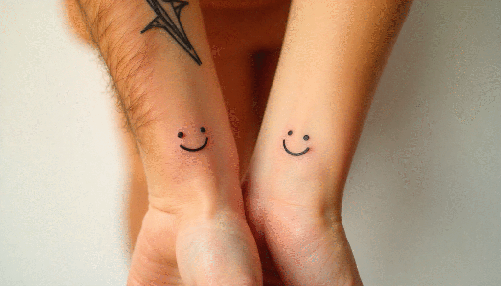 Smiley Face Fine Line Tattoos for Couples