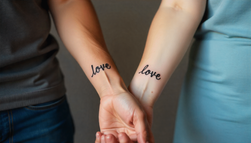 Love Word Connecting Fine Line Tattoos for Couples