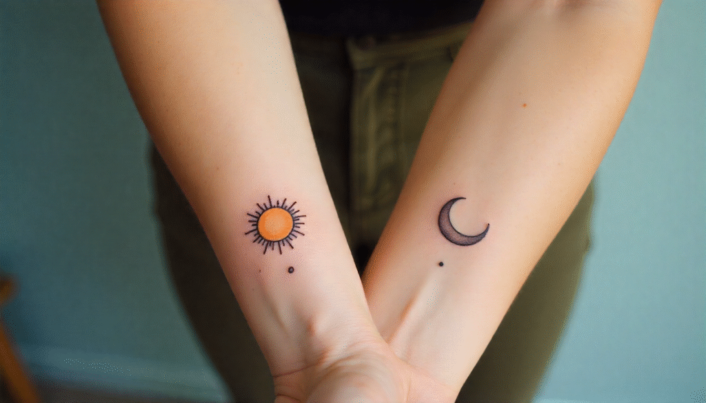 Sun and Moon Fine Line Tattoos for Couples