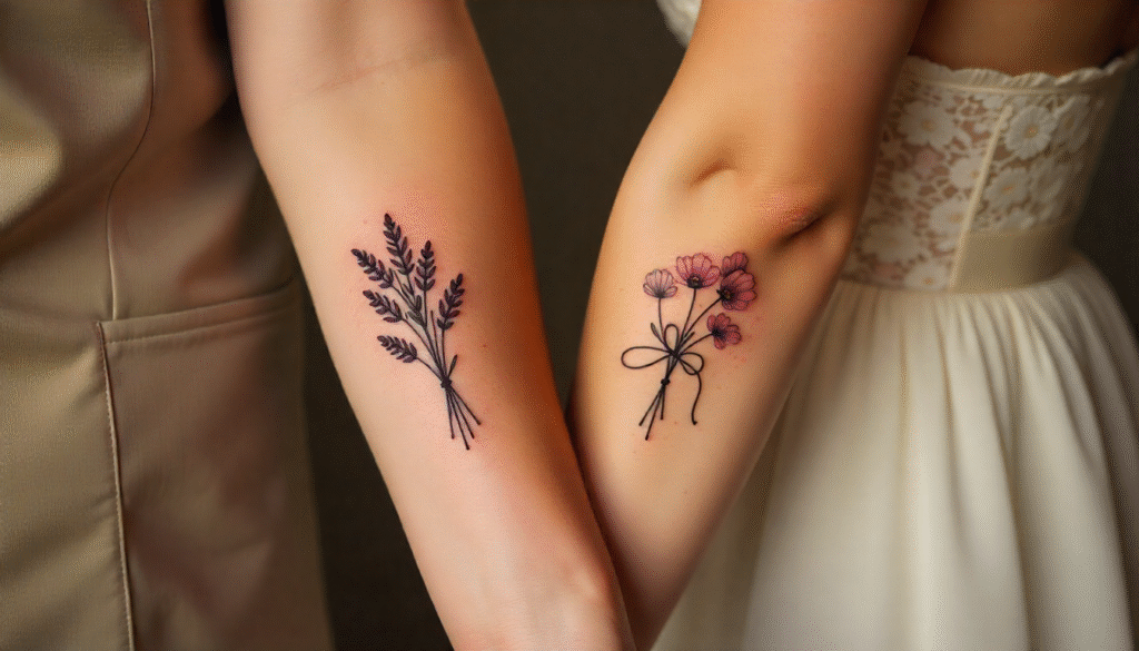 Matching Bouquet Fine Line Tattoos for Couples