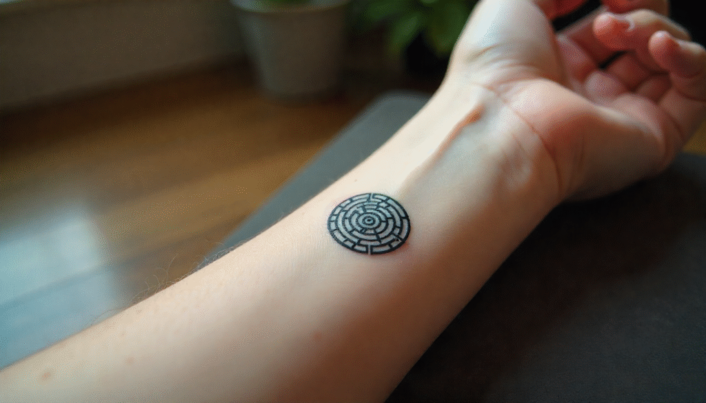 A close-up of a tiny black labyrinth tattoo on a wrist, symbolizing the complex journey of navigating through anxiety.