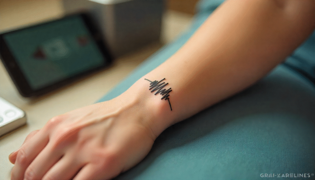 A close-up of a minimalist black sound wave tattoo on a forearm, representing a calming sound or mantra that grounds the wearer.