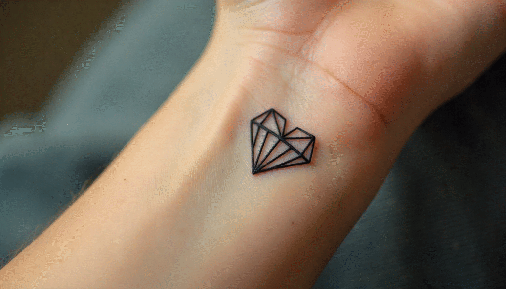 A close-up of a small black origami heart tattoo on the inner wrist, symbolizing the fragility and beauty of emotions.