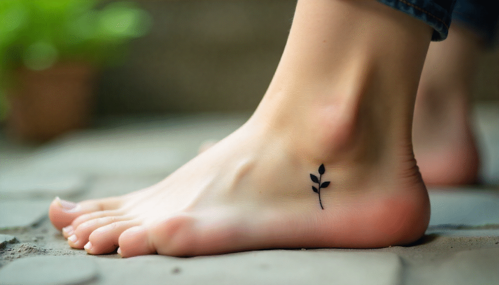  A close-up of a tiny black seedling tattoo on an ankle, symbolizing growth and new beginnings amidst struggles.