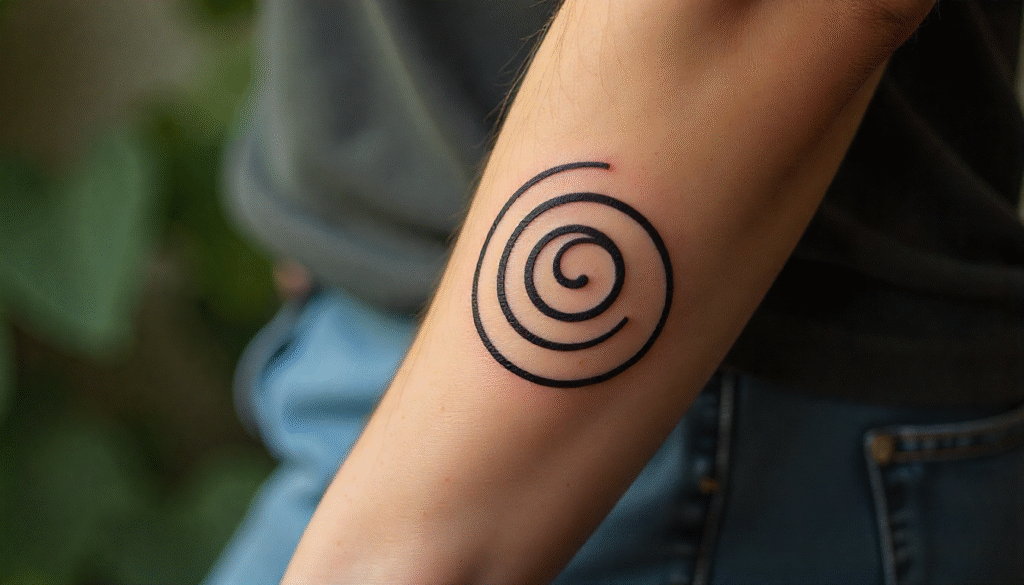 A close-up of an abstract black spiral tattoo on a forearm, symbolizing the journey inward and the complexity of thoughts.