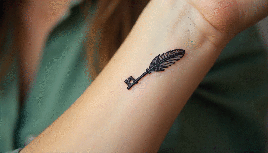 A close-up of a small black key with a feather tattoo on a wrist, symbolizing unlocking lightness and freedom from burdens.