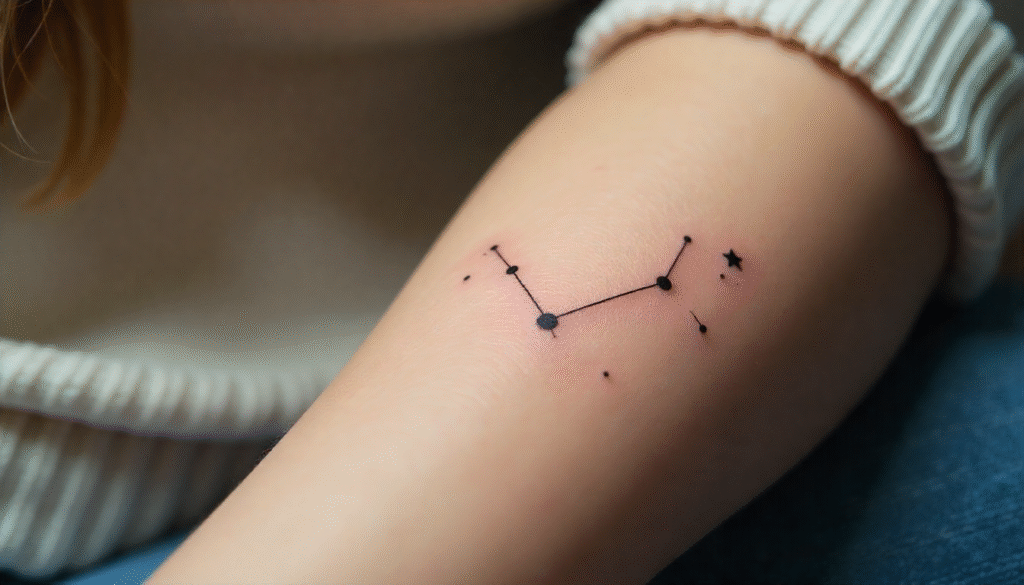 A close-up of a tiny black constellation tattoo on a forearm, symbolizing a unique star pattern that holds personal meaning and hope.
