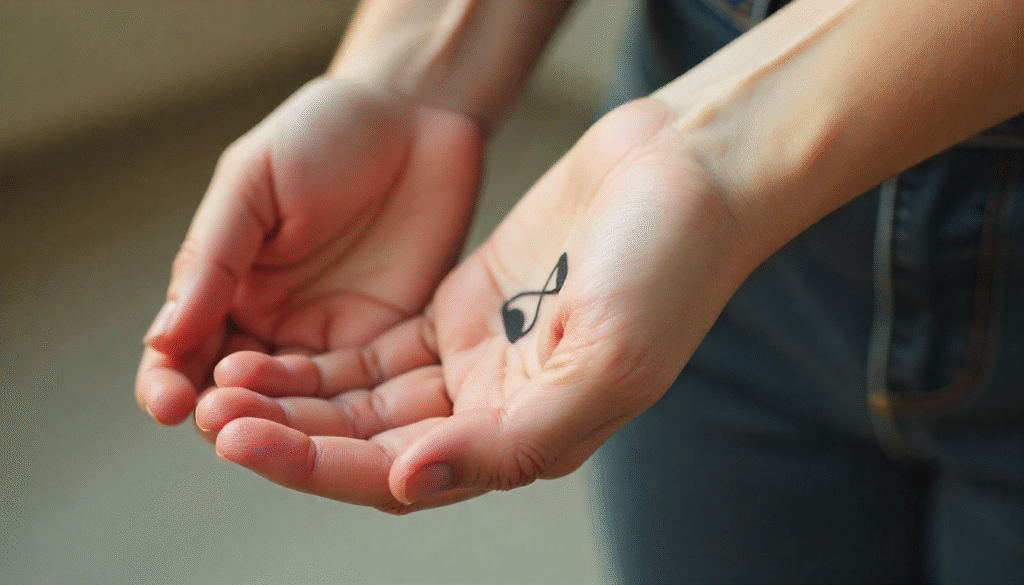  A close-up of a minimalist black hourglass tattoo on a wrist, symbolizing the importance of time and patience in healing.