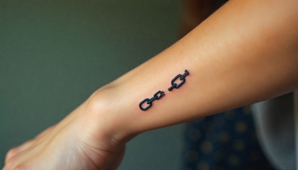A close-up of a small black broken chain link tattoo on a forearm, symbolizing breaking free from anxiety and limitations.