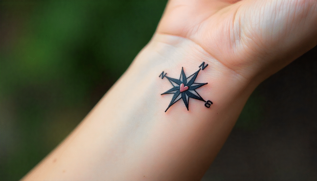 A close-up of a tiny black compass with a heart tattoo on a wrist, symbolizing finding your way with love and self-compassion.