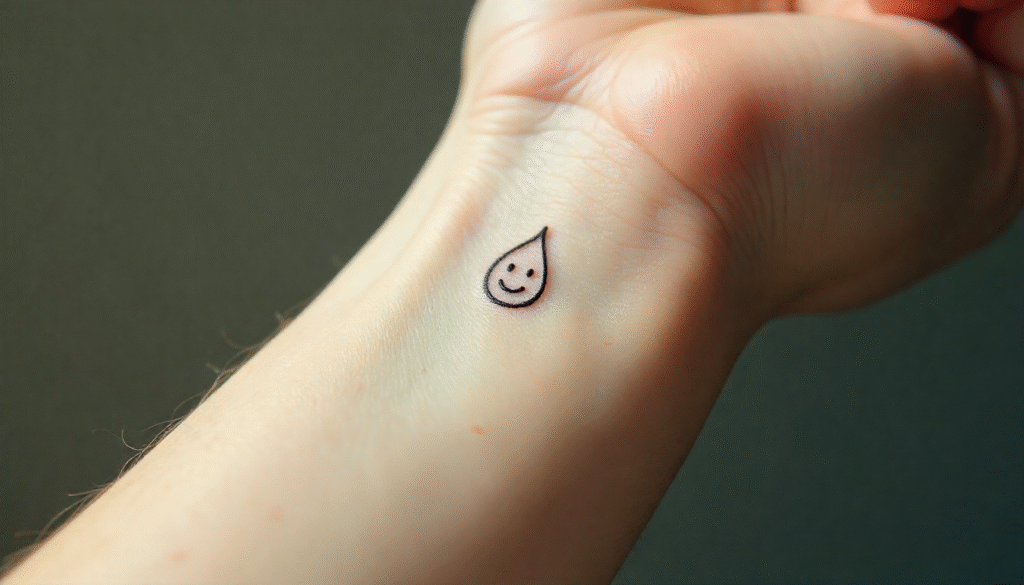 A close-up of a small raindrop tattoo with a tiny smile inside on a wrist, symbolizing finding joy even in moments of sadness.