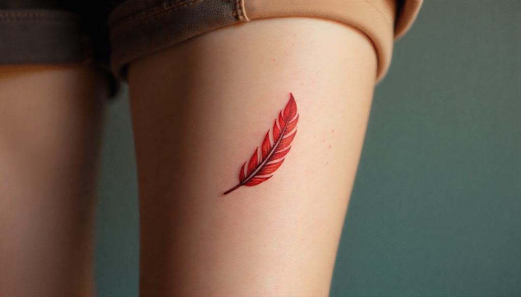 A close-up of a tiny phoenix feather tattoo on the forearm, symbolizing rebirth, resilience, and rising from challenges with strength and transformation.
