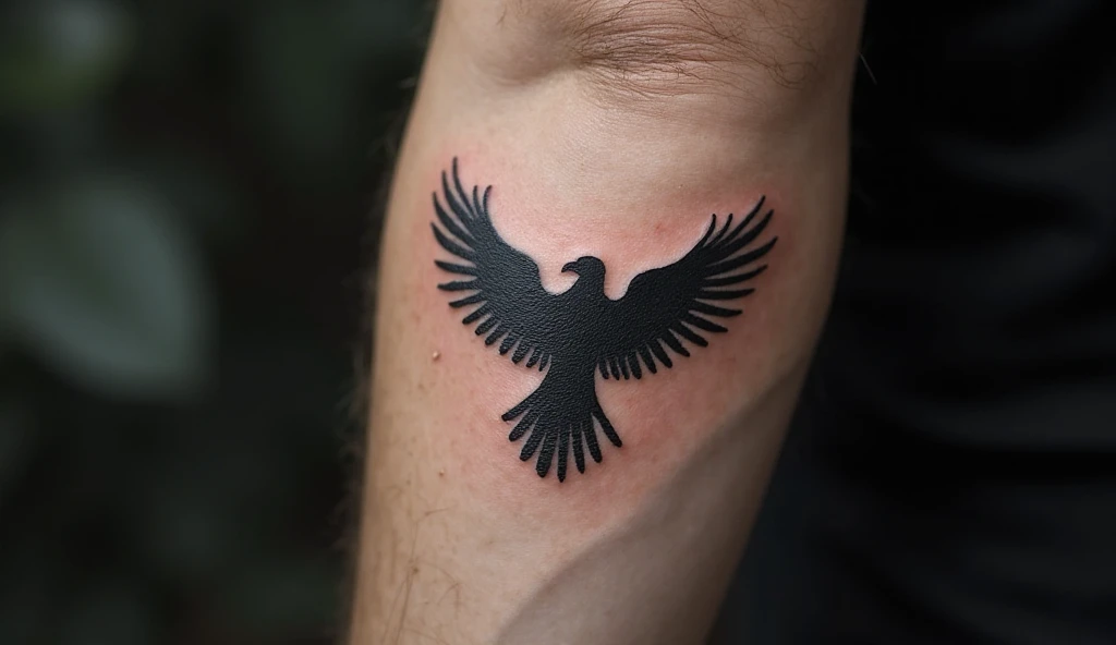 "Close-up view of male forearm with a minimalist eagle silhouette tattoo in single needle black ink, wings stretched in fine-line detail. Tattooed area in sharp focus, rest softly blurred."