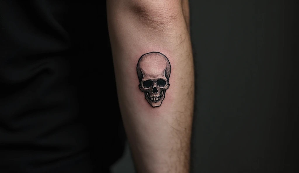 "Small skull outline tattoo on male forearm in fine single needle minimal design – single needle tattoo ideas and small tattoo ideas."
