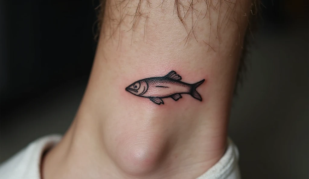"Minimalist fish outline tattoo on male ankle in clean single needle fine line style – single needle tattoo ideas and small tattoo ideas."