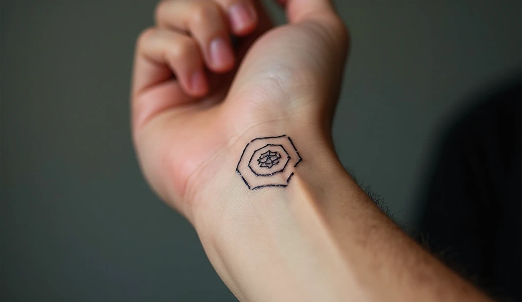 "Small geometric hexagon tattoo on male wrist in sharp single needle fine line design – single needle tattoo ideas and small tattoo ideas."