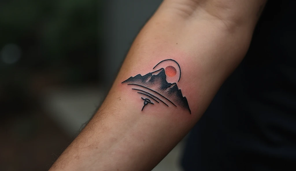 "Thin line mountain with rising sun tattoo on male forearm in fine single needle style – single needle tattoo ideas and small tattoo ideas."