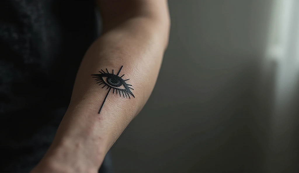 "Fine-line eye symbol tattoo on male forearm in single needle minimalist design – single needle tattoo ideas and small tattoo ideas."