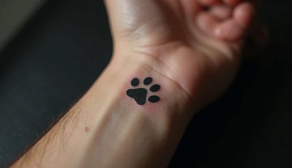 "Small paw print tattoo on male wrist in clean single needle fine line design – single needle tattoo ideas and small tattoo ideas."