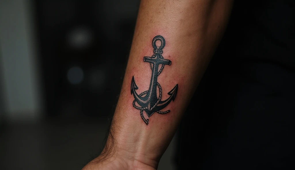 "Minimalist anchor with rope tattoo on male forearm in fine single needle style – single needle tattoo ideas and small tattoo ideas."