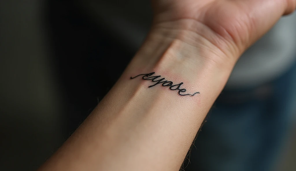 "Tiny cursive script tattoo on male wrist in single needle fine line lettering – single needle tattoo ideas and small tattoo ideas."