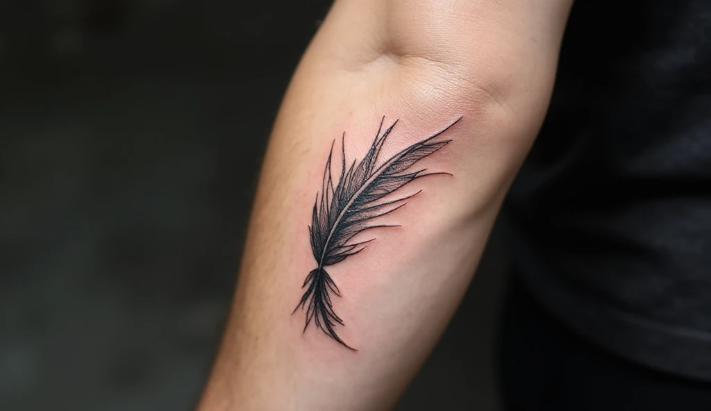 "Minimalist arrow with feathers tattoo on male forearm in single needle fine line design – single needle tattoo ideas and small tattoo ideas."