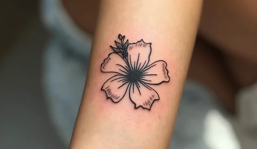 A close-up of a woman’s wrist with a minimalist black-ink hibiscus tattoo, symbolizing femininity, warmth, and tropical beauty.
