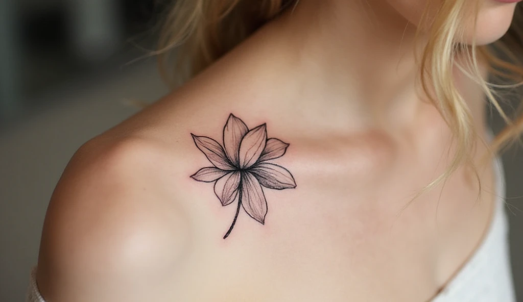A close-up of a woman’s collarbone with a delicate black-ink magnolia tattoo, symbolizing dignity, strength, and elegance.