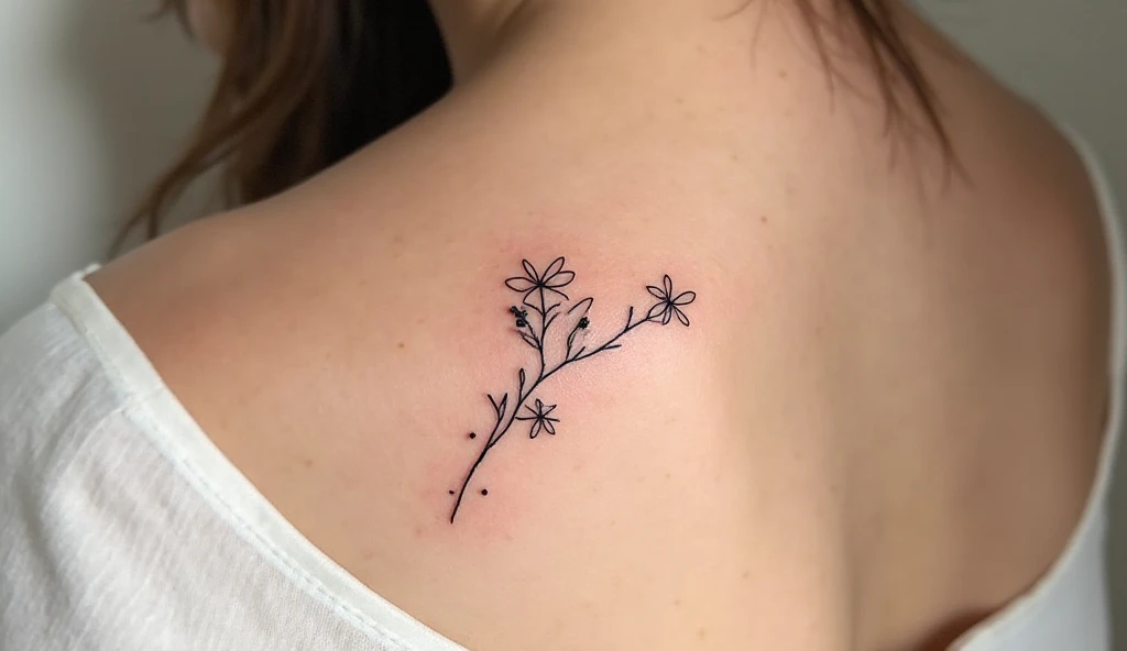 A close-up of a woman’s back shoulder with a minimalist black-ink jasmine flower tattoo, symbolizing purity, warmth, and grace.