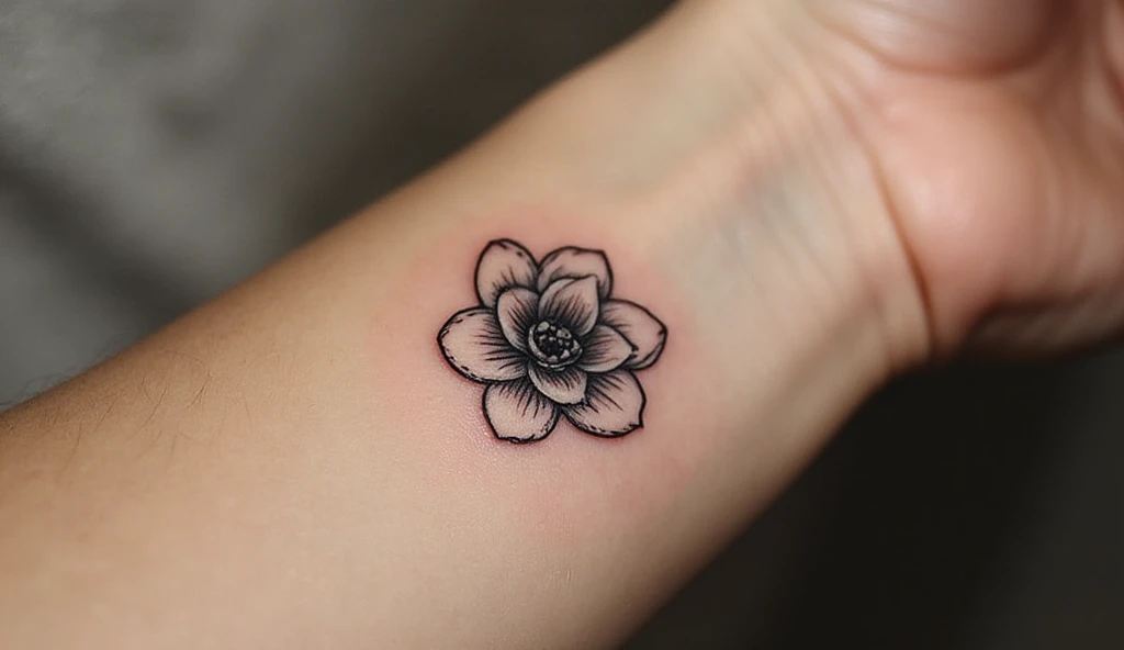 A close-up of a woman’s wrist with a small black-ink camellia tattoo, symbolizing admiration and quiet perfection.